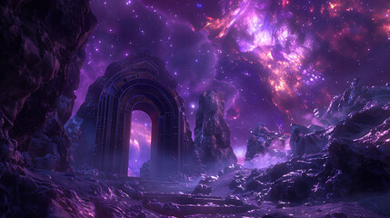 Fototapeta premium Abandoned Space Station in a Colorful Nebula: A Surreal Cosmic Landscape with Vivid Colors and Mysterious Structures Against a Starry Background