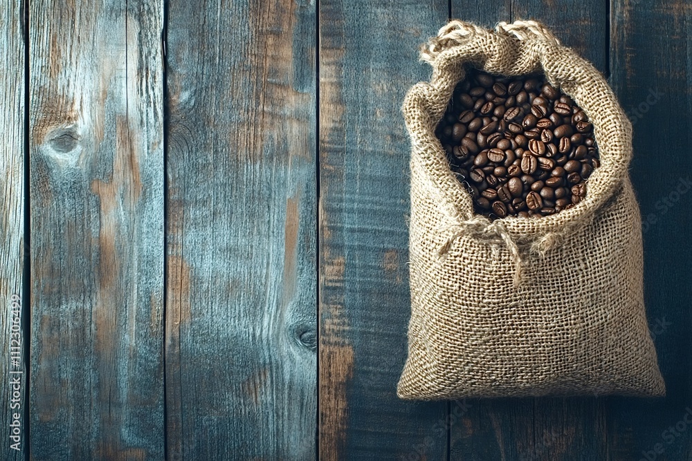 Poster roasted coffee beans are overflowing from a burlap sack placed on a rustic wooden table, creating a 