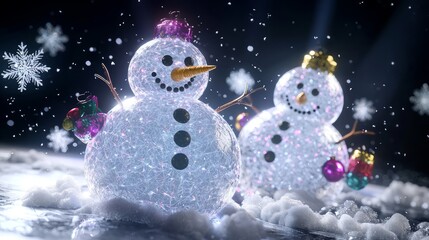 Obraz premium Glowing Snowmen Celebration: Festive 3D Render with Dynamic Snowflakes and Shimmering Effects on Dark Background, Festive Christmas Visual Art
