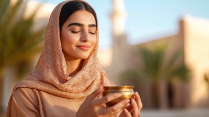 business planning traditions concept, A serene woman in a headscarf holds a decorative bowl, embodying tranquility amidst a sunny outdoor backdrop of palm trees and architecture.