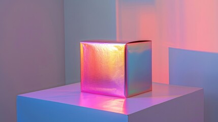 A modern gift cardbox with a holographic finish and minimalist design, displayed on a white table with a seamless white background for a contemporary look