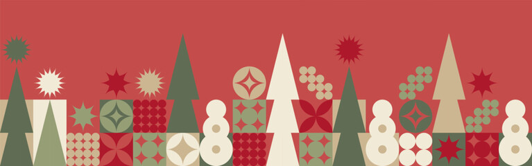 Christmas seamless pattern with winter green and burgundy figures, geometric fir trees in Scandinavian style. New Year fashionable canvas for textiles and wallpapers, gift design trend.