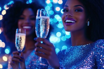 Radiant women in blue shimmering lights with champagne