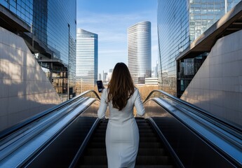 Modern Businesswoman Walking Down Escalator in Urban Setting with Skyscrapers and Clear Blue Sky, Reflective Glass Architecture, Technology and Professionalism