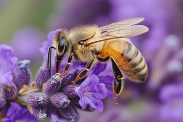 Close-up of honeybee collecting pollen from lavender. Perfect for nature, spring, and environmental themes.