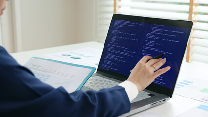 Smart AI cyber bot deep tech tools help write BI prompt code screen. Asia people asian IT woman...