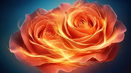 PassionAttraction Symbol concept. A vibrant digital artwork of two intertwined orange roses, radiating light and warmth against a blue backdrop.