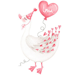 Hand drawn swan with heart balloons for the festival of love.