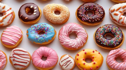 Fototapeta premium Assorted Donuts Arranged In A Colorful Pattern