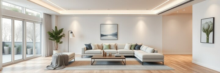 Round coffee table against white sofa with yellow pillows. Farmhouse, country home interior design of modern living room.