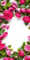 A beautiful frame made of fresh green leaves with vibrant pink rose flowers scattered around, beautiful, nature
