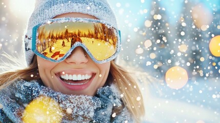 Happy woman with mirrored goggles in snowy forest.