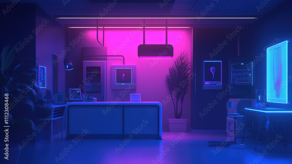 Poster modern workspace with neon lighting and vibrant colors creating a creative atmosphere in the evening