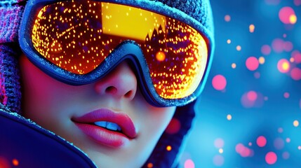 Woman wearing orange ski goggles with shining lights