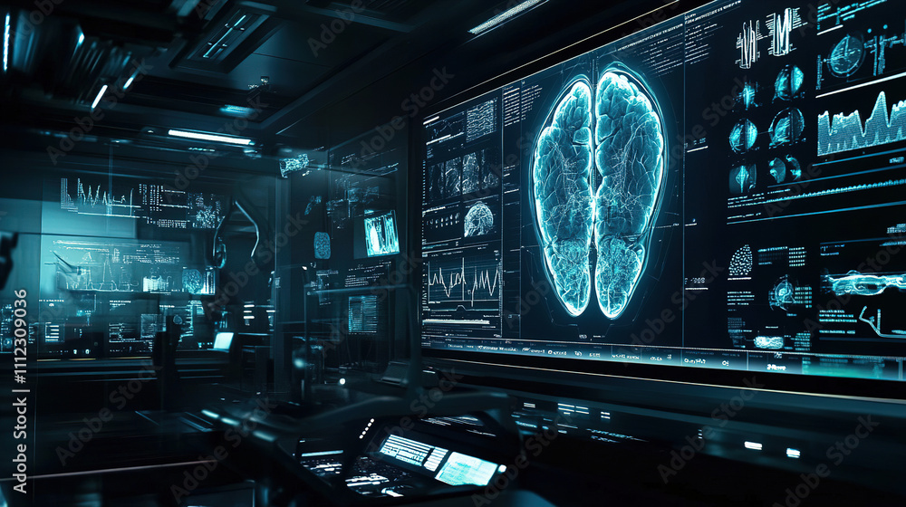 Poster advanced medical technology visualizing brain activity in a high-tech research lab during the night.