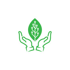 Leaf and Hand with electric circuit for agricultural technology logo design