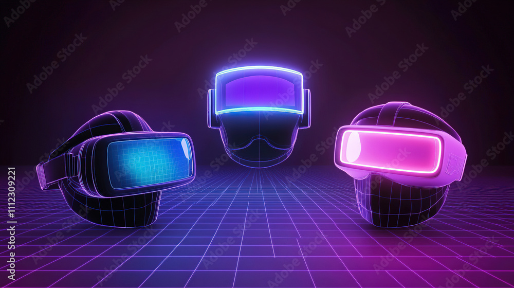 Aufkleber virtual reality headsets glowing in neon colors on a dark grid background with futuristic design ele