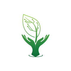 Leaf and Hand with electric circuit for agricultural technology logo design