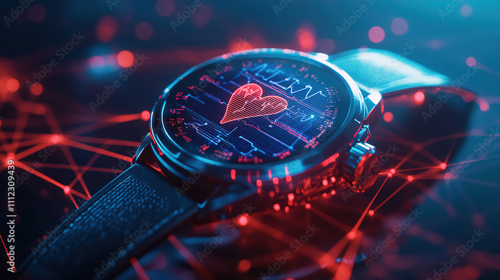 Aufkleber futuristic smartwatch displaying heart rate data with vibrant technology background. generative ai