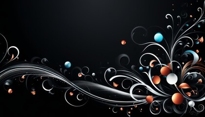 Ein eleganter schwarzer Hintergrund mit geschwungenen Silberlinien, floralen Mustern und bunten Akzenten, perfekt für moderne Grußkarten oder kreative Designs. Generative KI.