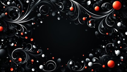 Ein dekorativer schwarzer Hintergrund mit floralen Silbermustern, roten Akzenten und großzügigem Textfreiraum – ideal für festliche Designs und elegante Grußkarten. Generative KI.