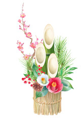 藁をベースにした小さな門松の水彩イラスト。日本のお正月の伝統文化。松竹梅の縁起物、魔除け。