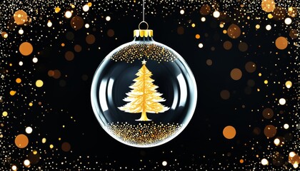 Eine gläserne Weihnachtskugel mit goldenem Tannenbaum, umgeben von schimmernden Lichtpunkten auf schwarzem Hintergrund. Eleganz und Festlichkeit. Generative KI.