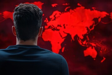 Person viewing a red world map, symbolizing global awareness or issues.