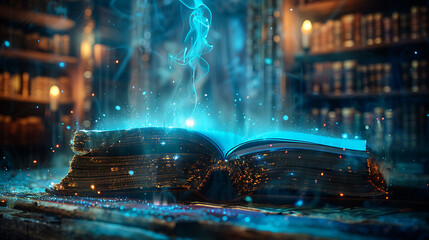Enchanted Ancient Library with Glowing Books Surrounded by Mystical Aura and Intriguing Light Effects Ideal for Fantasy Illustrations