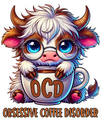 Fototapeta premium funny highland cow addicted to coffee