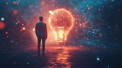 Obraz premium Man Contemplating a Fiery Glowing Lightbulb Idea