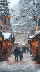 Cozy Snowy Village Outdoor Market at Christmas Time