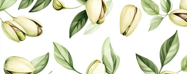 Watercolor illustration of Pistachios nuts isolated on white background,Watercolor hand drawn illustration,Hand drawn nuts,hand drawn set design template for packaging,for menu cafe,copy space.