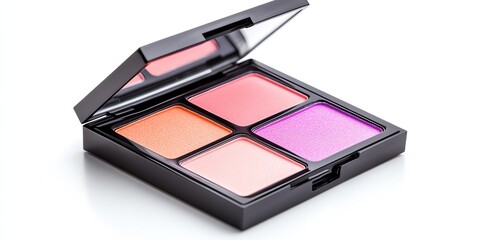 A vibrant makeup palette with four colorful blush shades in a sleek black compact, perfect for enhancing beauty.