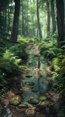 Obraz premium Enchanting forest path winding through a verdant fern filled landscape with a trickling stream crossing over moss covered rocks surrounded by towering trees and a lush verdant canopy above