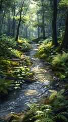 Fototapeta premium Lush verdant forest landscape with a meandering stream flowing through surrounded by mossy rocks ferns and a dazzling array of flourishing foliage and flora A peaceful