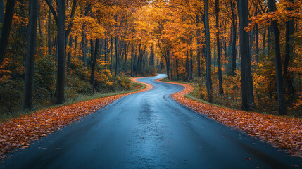Obraz premium road winds through a forest in autumn. The trees have golden and red leaves. Soft light shines through