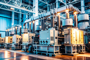 Interior view of a large automated modern power plant with energy storage units, production system or industrial plant building
