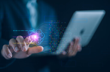 AI business chatbot technology concept, businessman using technology smart robot Intelligence,...