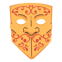 Golden Bauta mask for festive masquerade. Carnival disguise for Mardi Gras. Ornamented accessory for face. Venetian facial masque for theater. Flat isolated vector illustration on white background