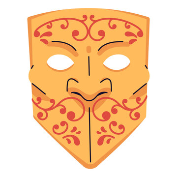 Golden Bauta mask for festive masquerade. Carnival disguise for Mardi Gras. Ornamented accessory for face. Venetian facial masque for theater. Flat isolated vector illustration on white background