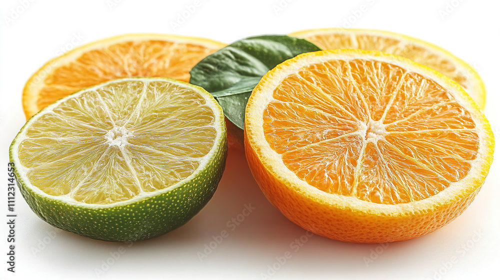 Poster freshly sliced lime and orange halves arranged on a white background for a vibrant display of citrus