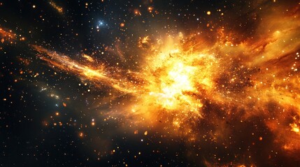 Fototapeta premium A supernova, with its light dissolving into a mist of sparkling particles, leaving behind a trail of brilliance against a black backdrop, with a sense of cosmic energy and destruction.