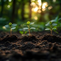 Fototapeta premium Three small plants are growing in the dirt
