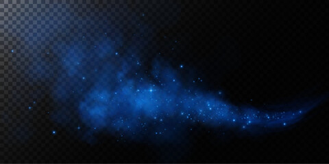 Obraz premium Fantastic smoke background. Magic smoke with glitter and small particles of twinkling stars, fog with luminous particles, blue vapor with stardust. Vector illustration. 