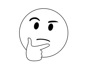 Black line considering and thoughtful face with right hand flat icon on transparent background