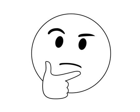Black line considering and thoughtful face with right hand flat icon on transparent background