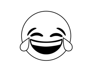 Black outline laughing, smiling face flat icon with blue crying tears on transparent background