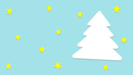White Christmas tree silhouette surrounded by yellow stars on a light blue background