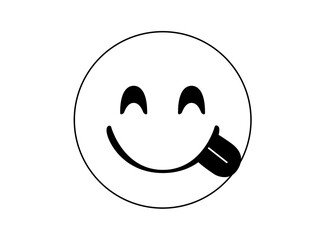 Black outline smiley and tasting food face flat icon with tongue out on transparent background